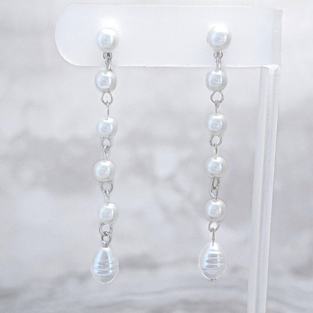 Vintage Clip On Earrings Faux Pearl Drop Dangle Earrings Stylish 2.75" Very Long